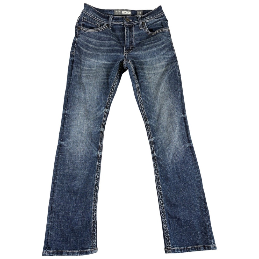 BKE Buckle Jake Jeans Mens 31R Blue Straight Leg Faded Premium Distressed Denim